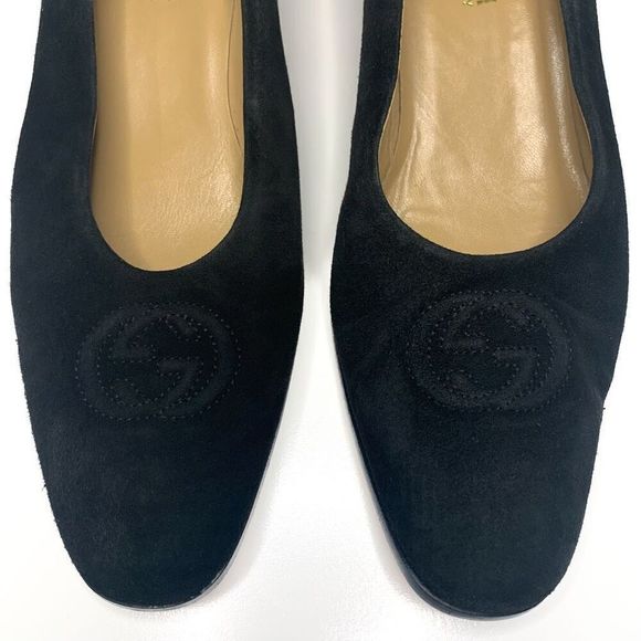 Gucci Interlocking GG Logo Heels 10 Black Suede Shoes Slip On Block Heel Pumps - Picture 2 of 10